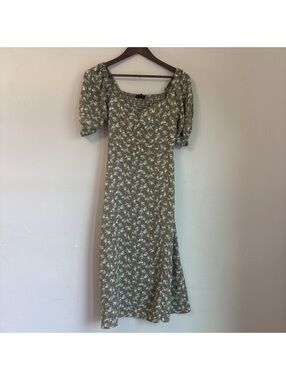 Hesperus Olive Green White Floral Print Smocked Square Neck Midi Dress Medium